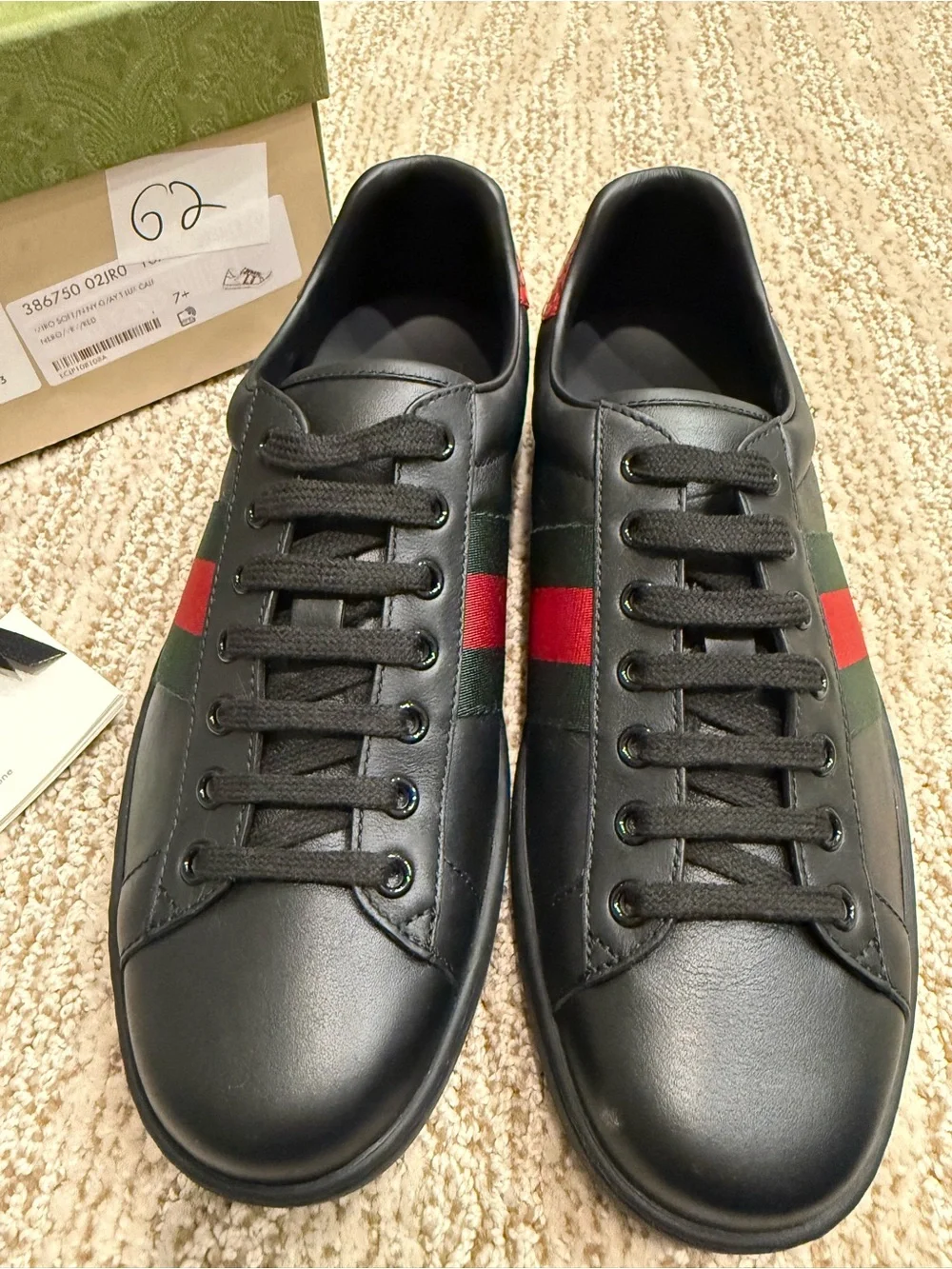 Gucci Black Leather Sneakers with Red & Green Web Stripe